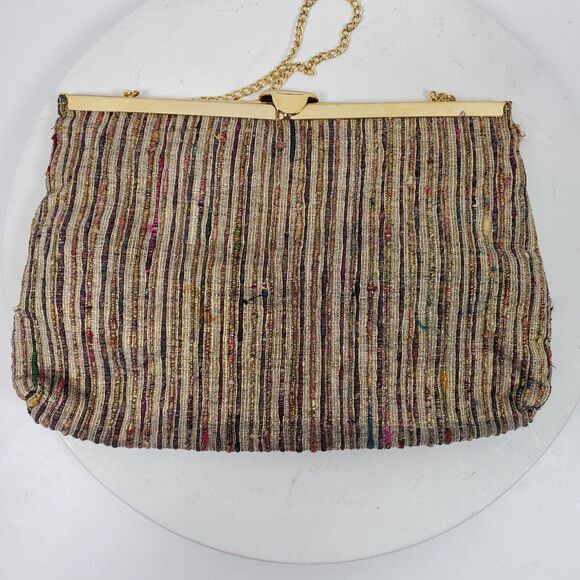 Vintage Ribbed Fabric Clutch Shoulder Bag Tan Fabric Hinged Purse Unisex - Picture 3 of 5